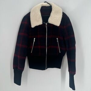 Maje Bloppane Plaid Wool Blend Faux Fur Collar Bomber Jacket